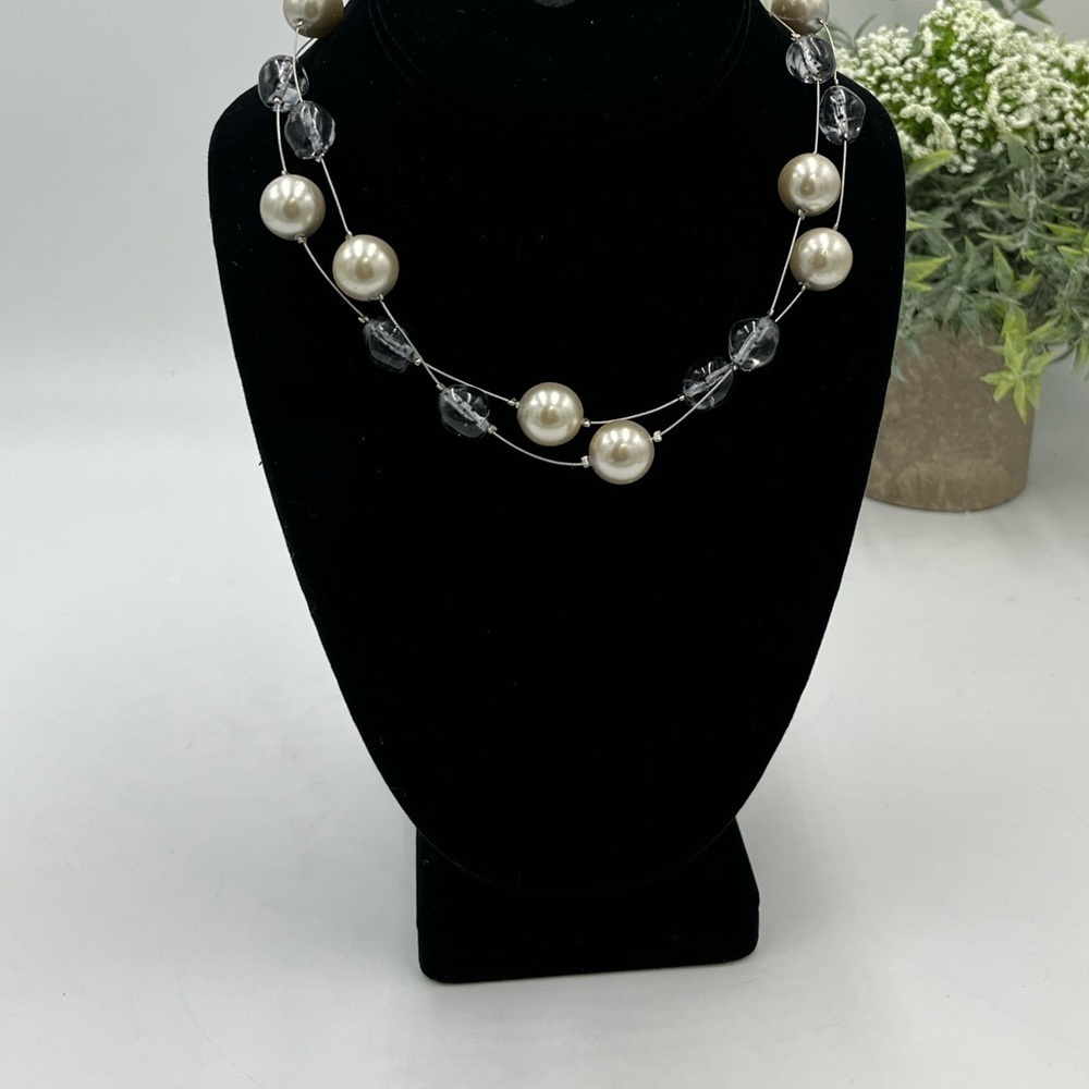 Topfrog Silver Tone‎ Chain and Cream Faux Pearl and Glass Double Strand Necklace